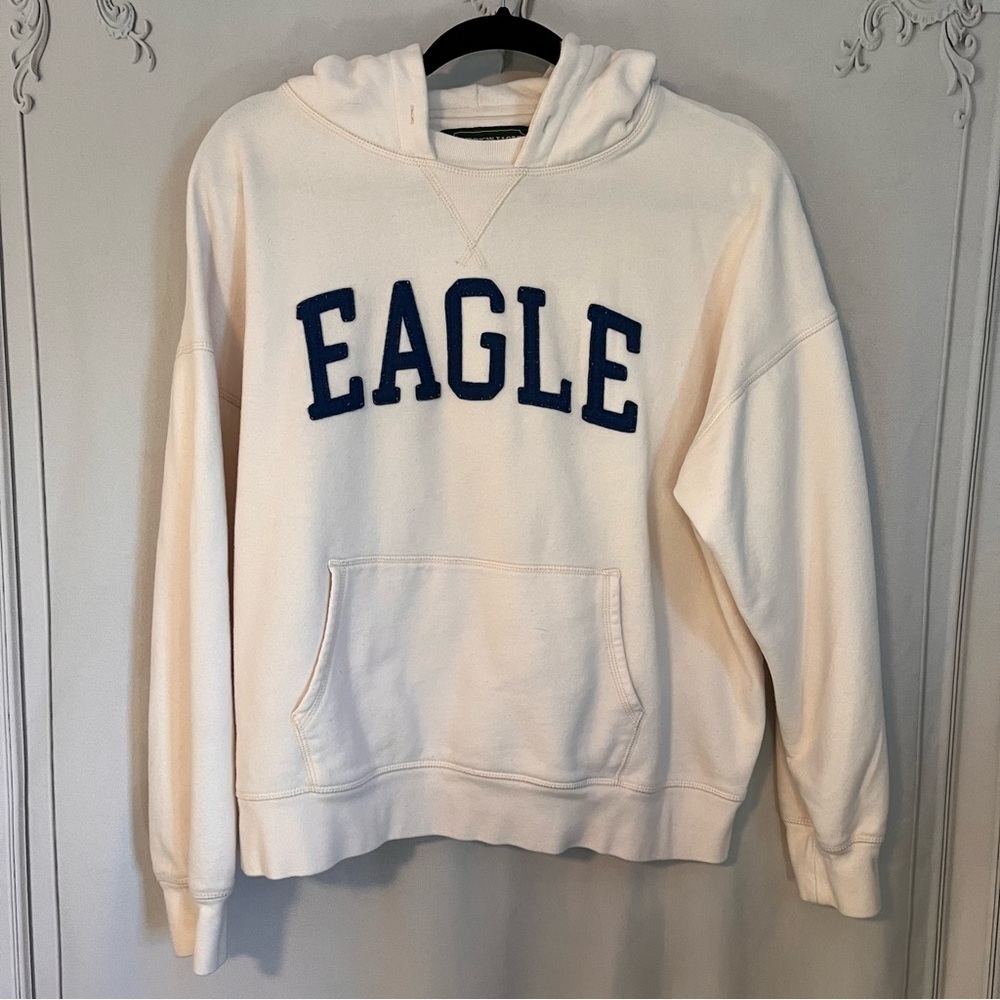 American Eagle White Long Sleeve Spell Out Pullover Hoodie Medium #00013